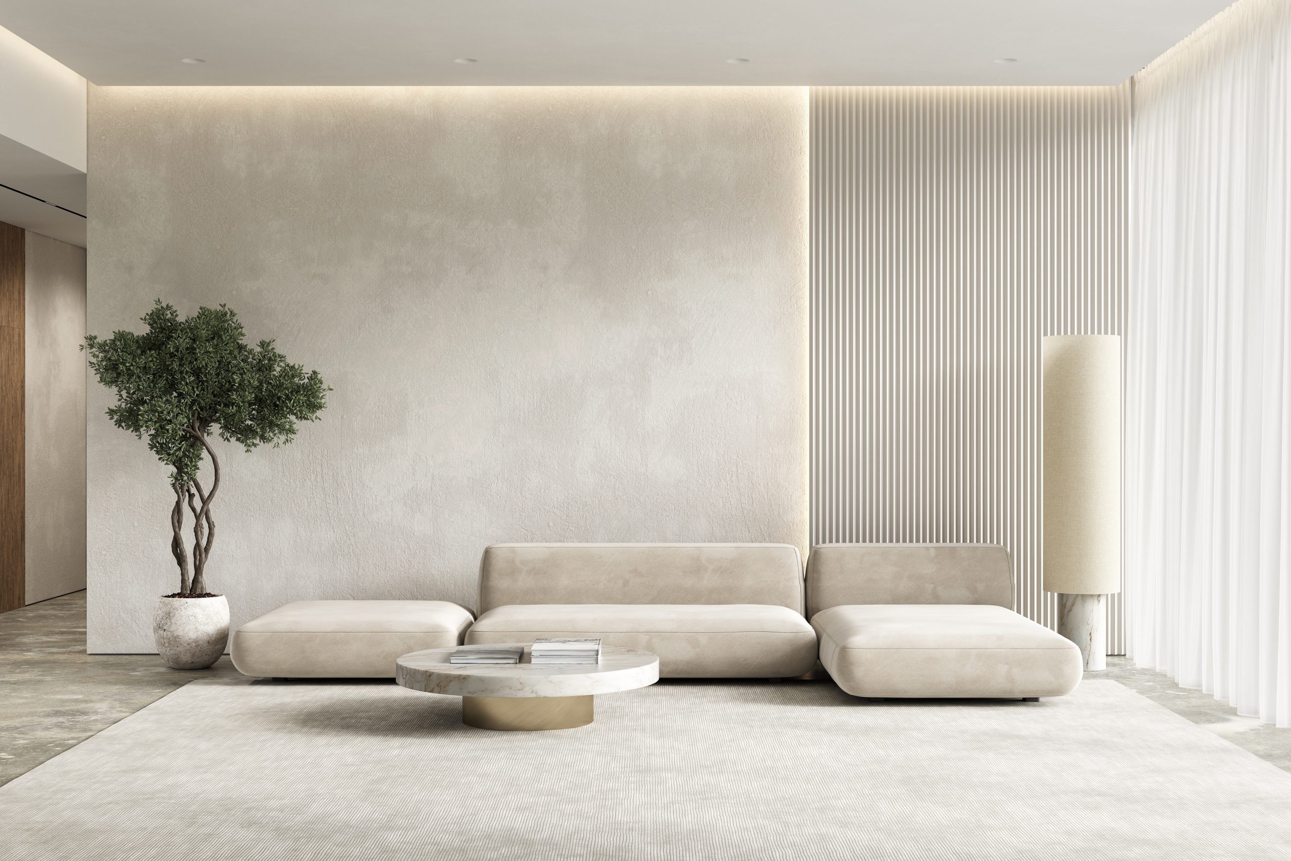 sala de estar ampla e minimalista aplicando a tendência japandi na decoração
