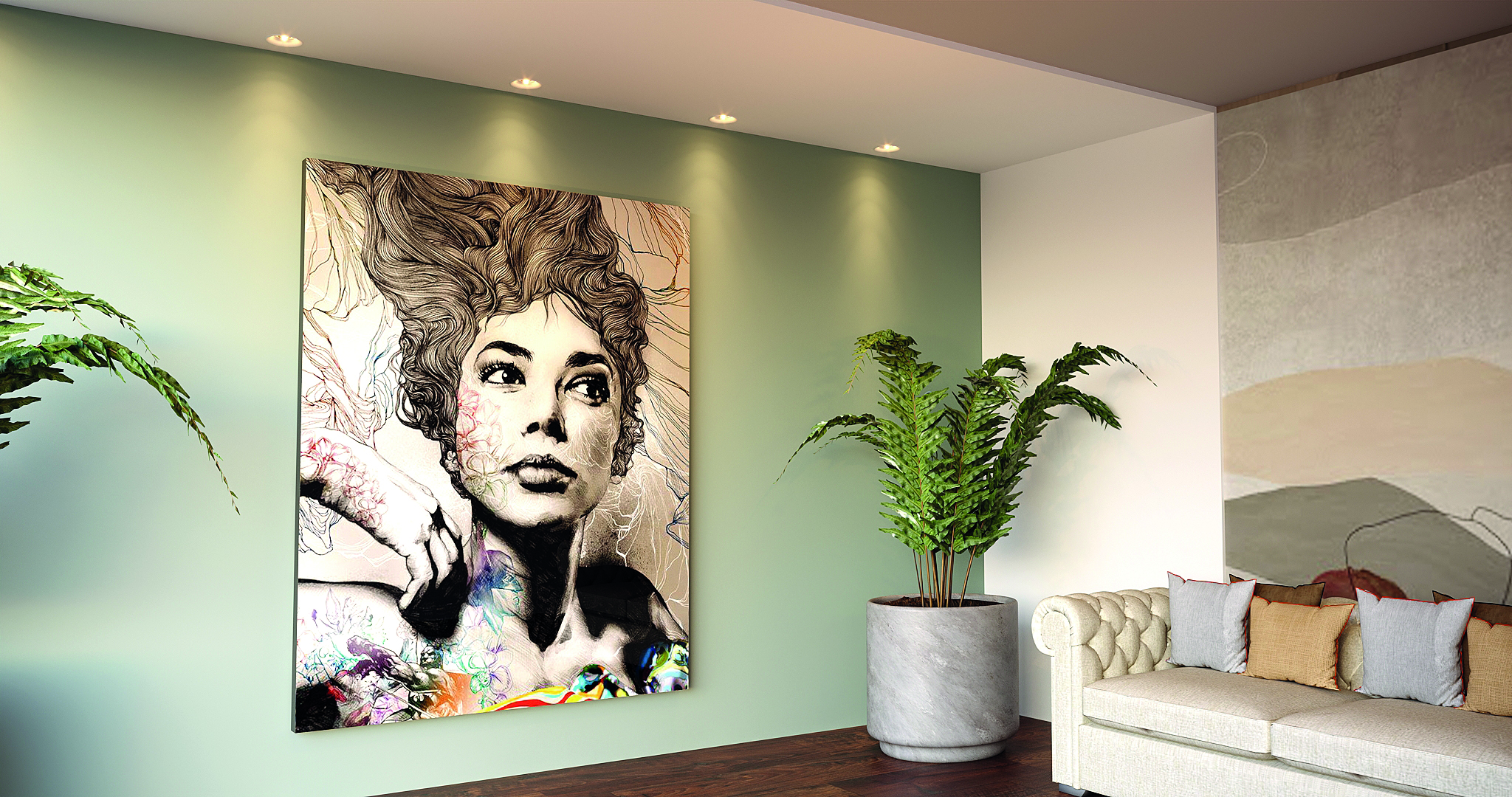 sala colorida com com embutidos, iluminação perfeita para a obra de arte na parede