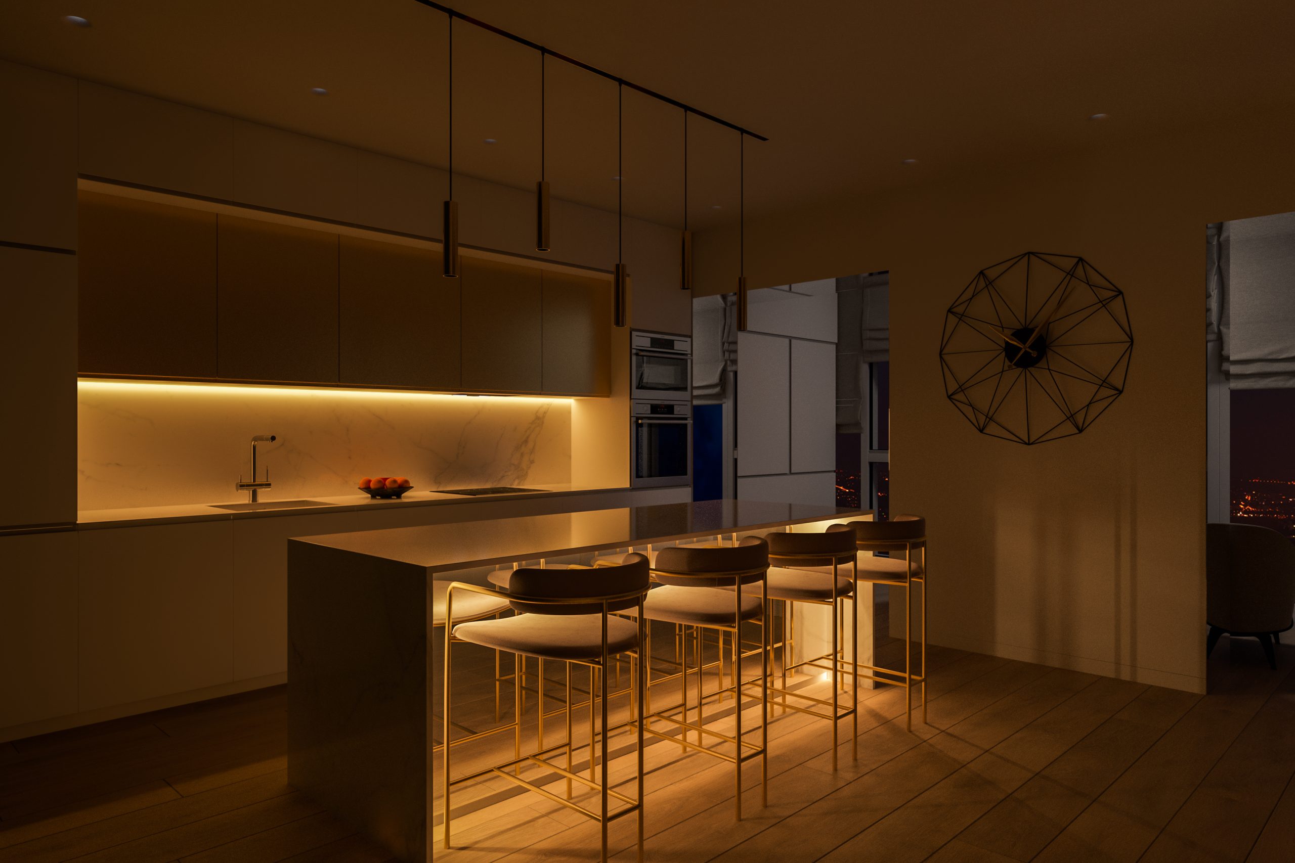 cozinha com fita led nano no balcão