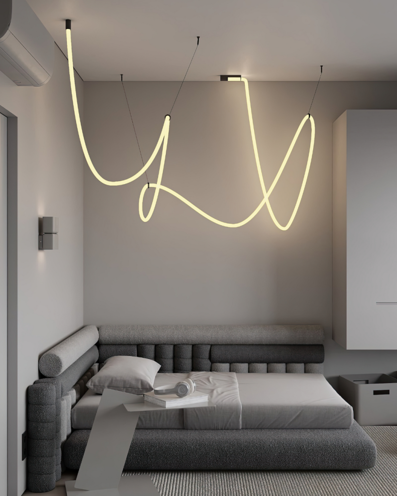 quarto moderno sem forro de gesso com neon guiado no teto