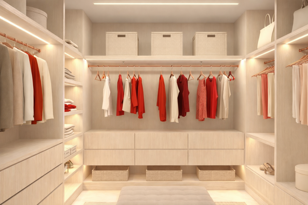 closet com perfis de led realçando a cor da sorte 2026