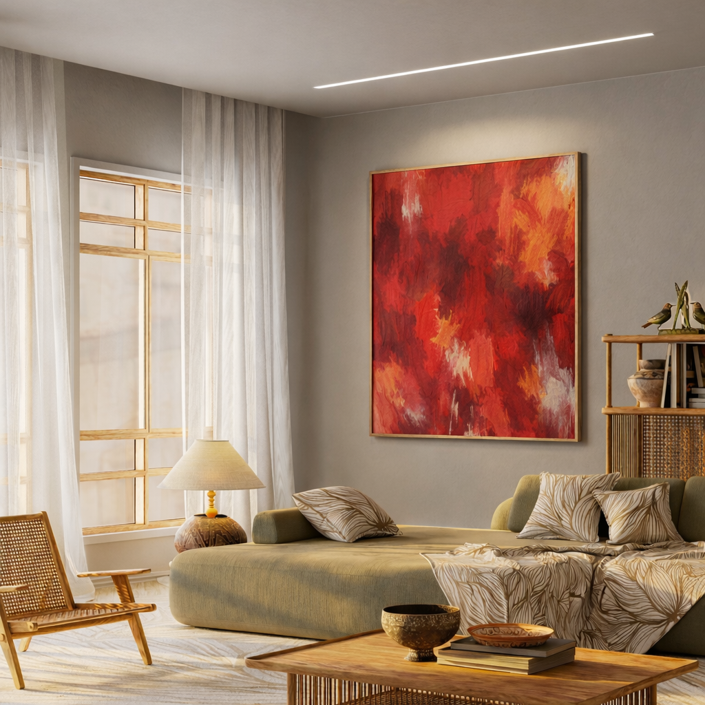 sala ampla com iluminação linear e quadro em vermelho na cor da sorte