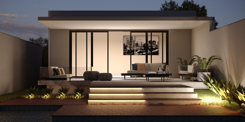 imagem da fachada e área externa de uma casa com fita led e espeto de jardim